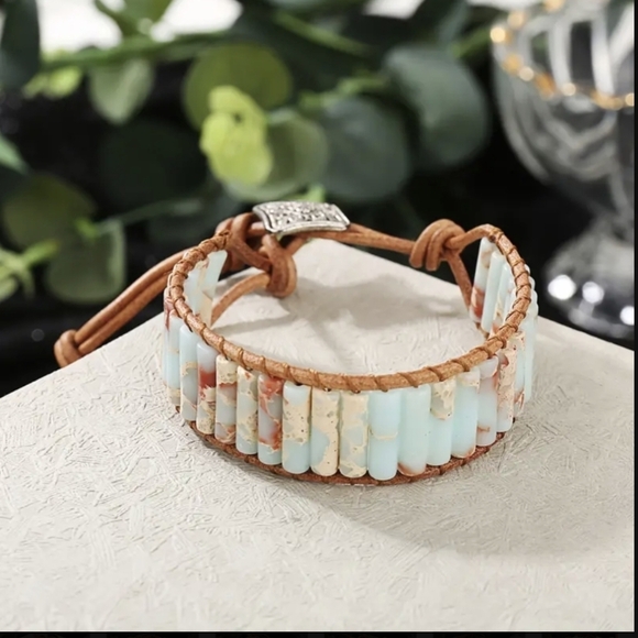 Bracelet Stone Leather Vintage Style Rocker Hippie Surfer Mens Chakra Bracelet - Picture 3 of 7